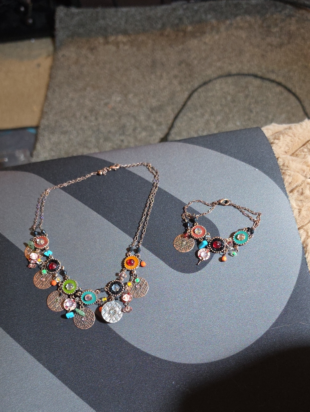 Multicolor Floral Disc Necklace and Bracelet Set - Women's Jewelry